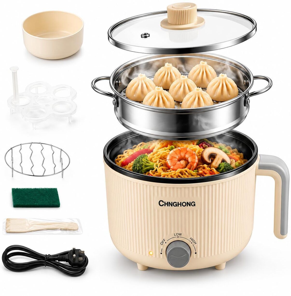 Electric Hot Pot with Steamer 1.5L Multi Portable Electric Non Stick Cooker Air Fryer, Deep Fryer, Egg Boiler, Egg Cooker, Food Steamer, Rice Cooker, Travel Cooker-image-33