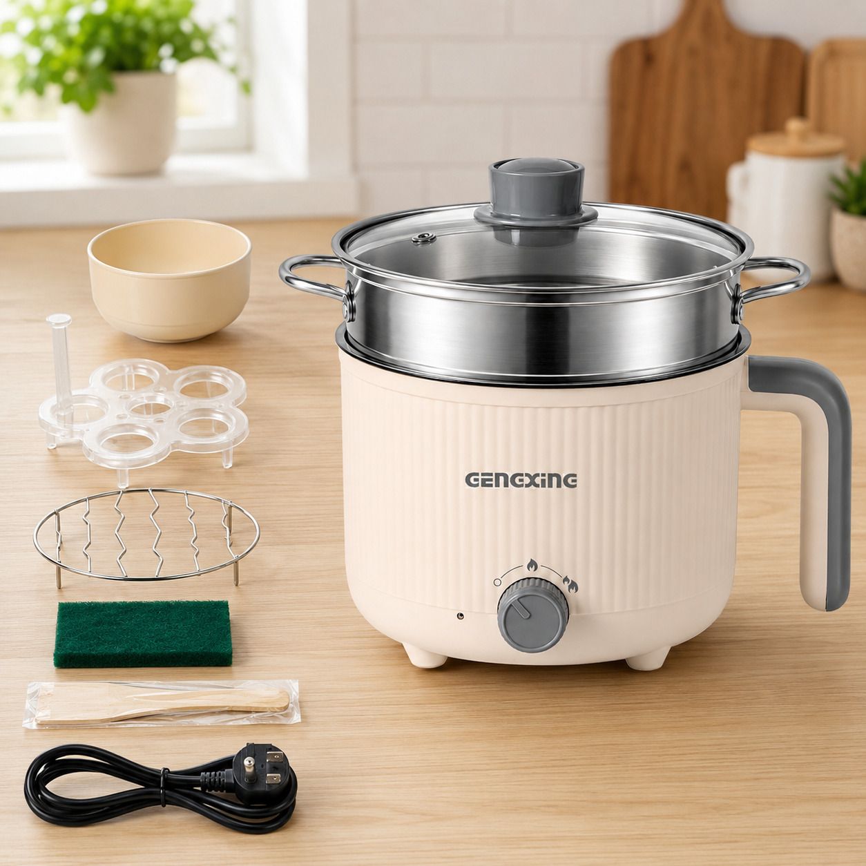 Electric Cooker with steel Steamer Basket Portable Non Stick Cooker Air Fryer, Deep Fryer, Egg Boiler, Egg Cooker, Food Steamer, Rice Cooker, Travel Cooker-image-8