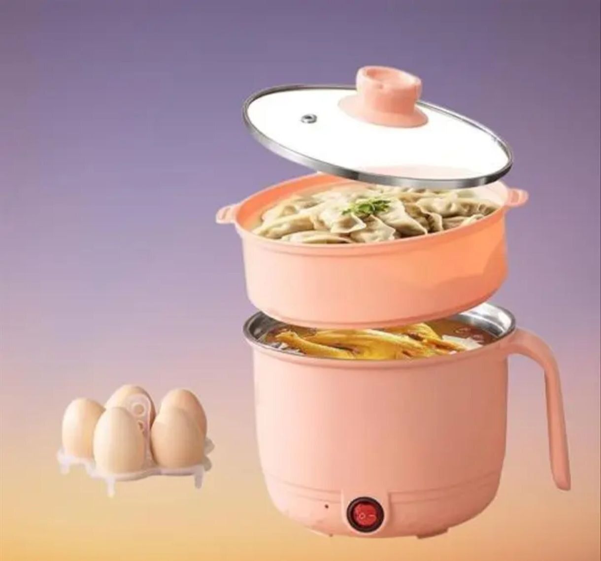 Electric Cooking Pot - 1.5L Hot Pot with Steamer & Egg Tray, Mini cooker Deep Fryer, Egg Boiler, Egg Cooker, Egg Roll Maker-image-4