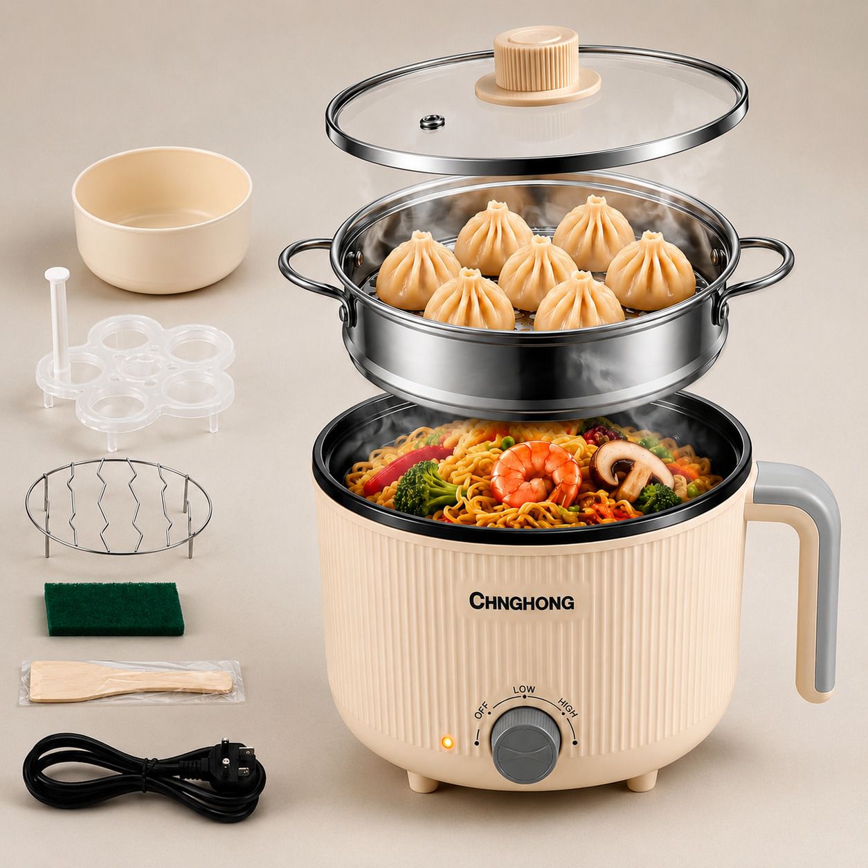 Electric Steaming and Cooking Pot Combo Non-Stick Multi-Purpose Cooker Air Fryer, Deep Fryer, Egg Boiler, Food Steamer, Rice Cooker, Travel Cooker-image-21