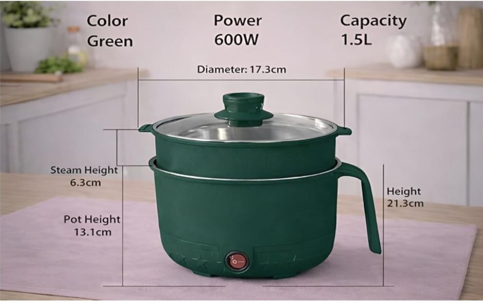 1.5L Multi-Function Electric Stainless Steel Mini Cooking Pot with Glass Lid Egg Boiler, Egg Roll Maker, Rice Cooker, Travel Cooker-image-6