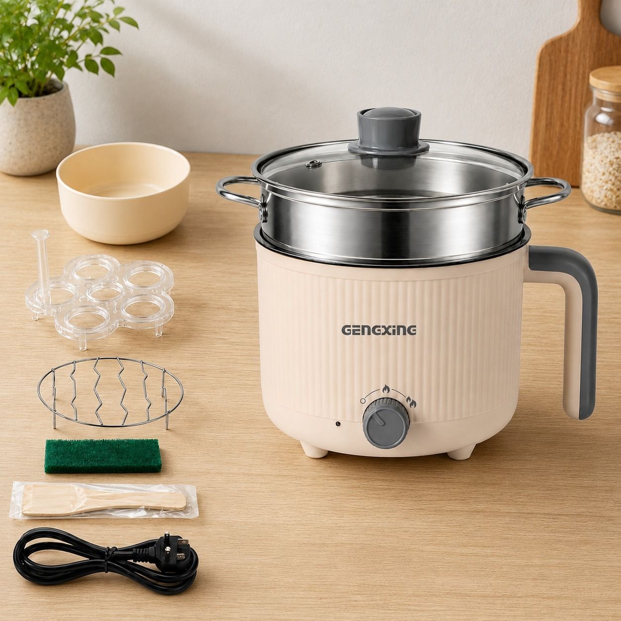 GENGXING Electric Hot Pot 1.5L Stainless Steel Multi Cooker with Glass Lid Air Fryer, Deep Fryer, Egg Boiler, Food Steamer, Rice Cooker, Travel Cooker-image-38