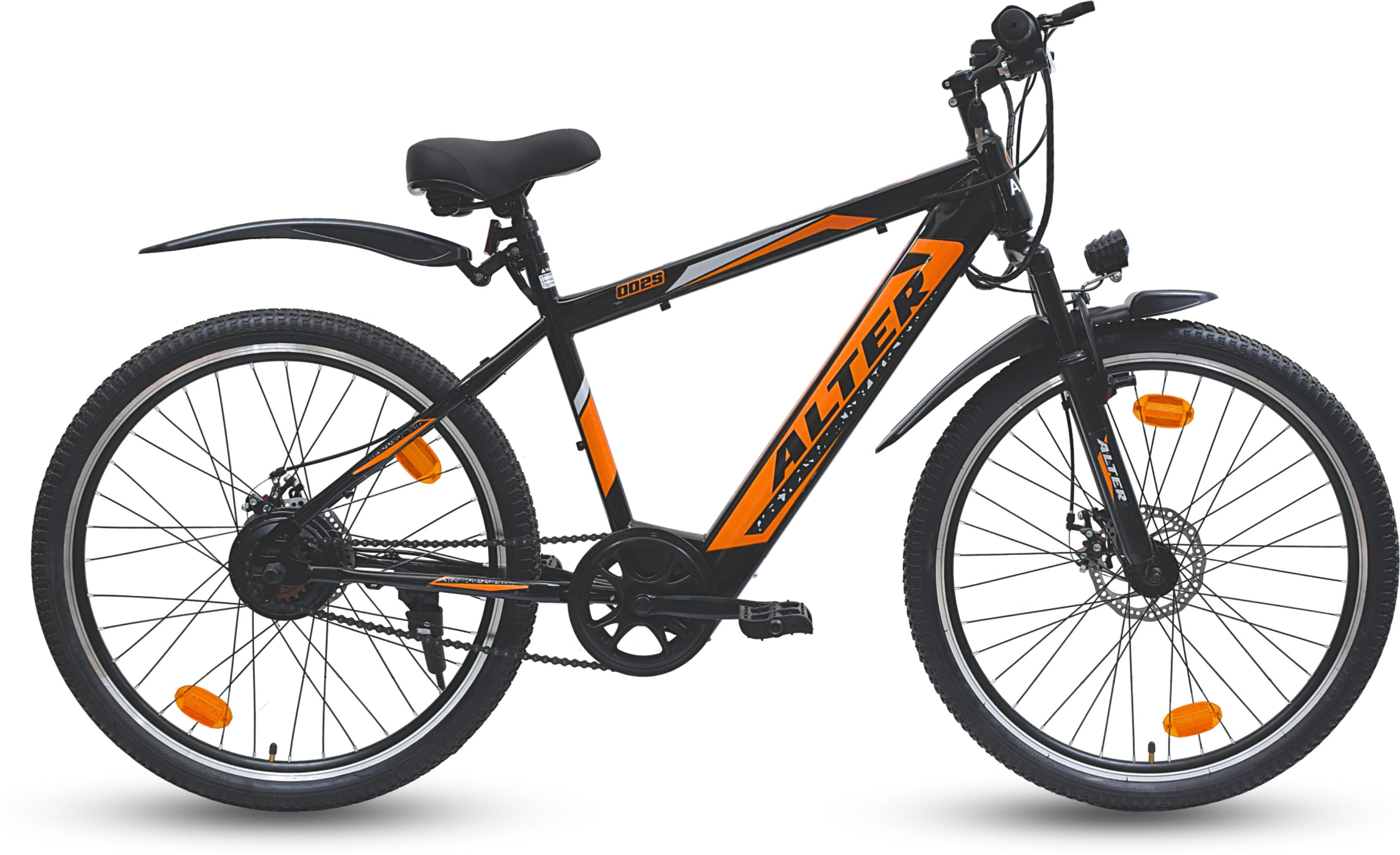 26" 002S PRO ELECTRIC CYCLE | 95% PRE- ASSEMBLED WITH CHARGER (BLACK & ORANGE) 26 inches Single Speed Lithium-ion (Li-ion) Electric Cycle-image-34