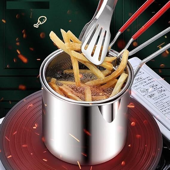 Stainless Steel Deep Frying Pot with Long Handle Strainer Basket 1.2 L Electric Deep Fryer
