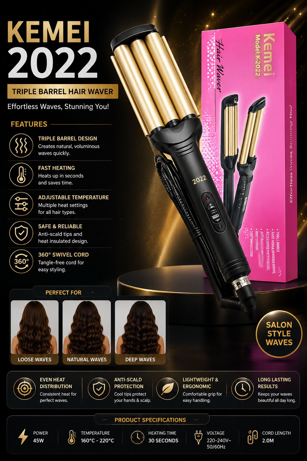 SDMS KM-2022 Triple Barrel Hair Curler with ceramic-coated barrels Electric Hair Curler-image-40