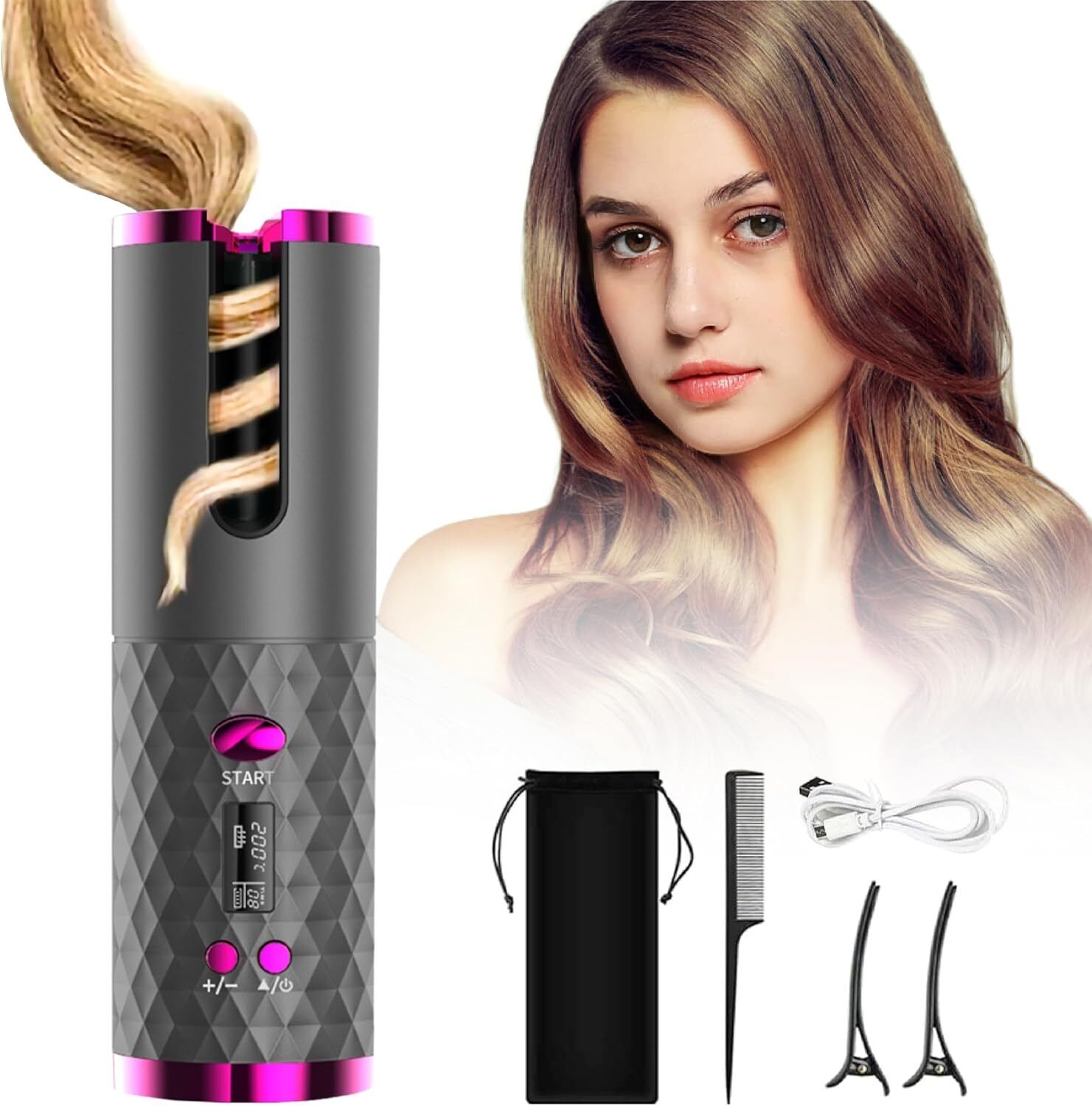 Dhvyant Mart Rechargeable Iron Cordless Fast Heating Wireless Hair Curler With Timer Set Electric Hair Curler-image-49
