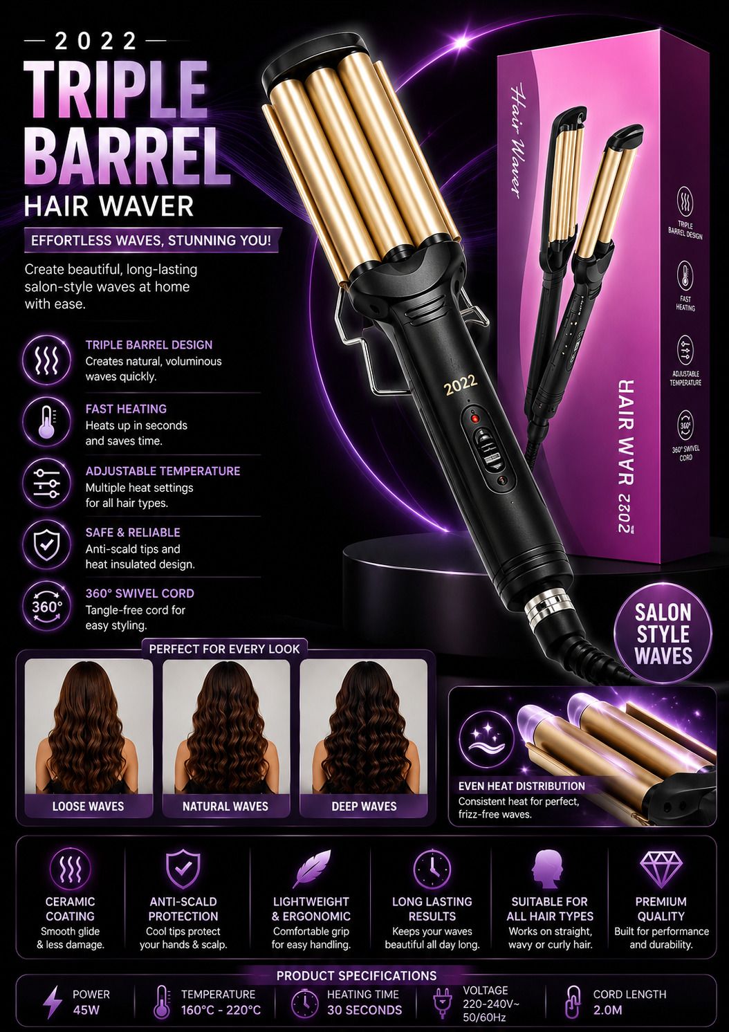SDMS KM-2022 Triple Barrel Hair Curler Electric Hair Curler-image-38