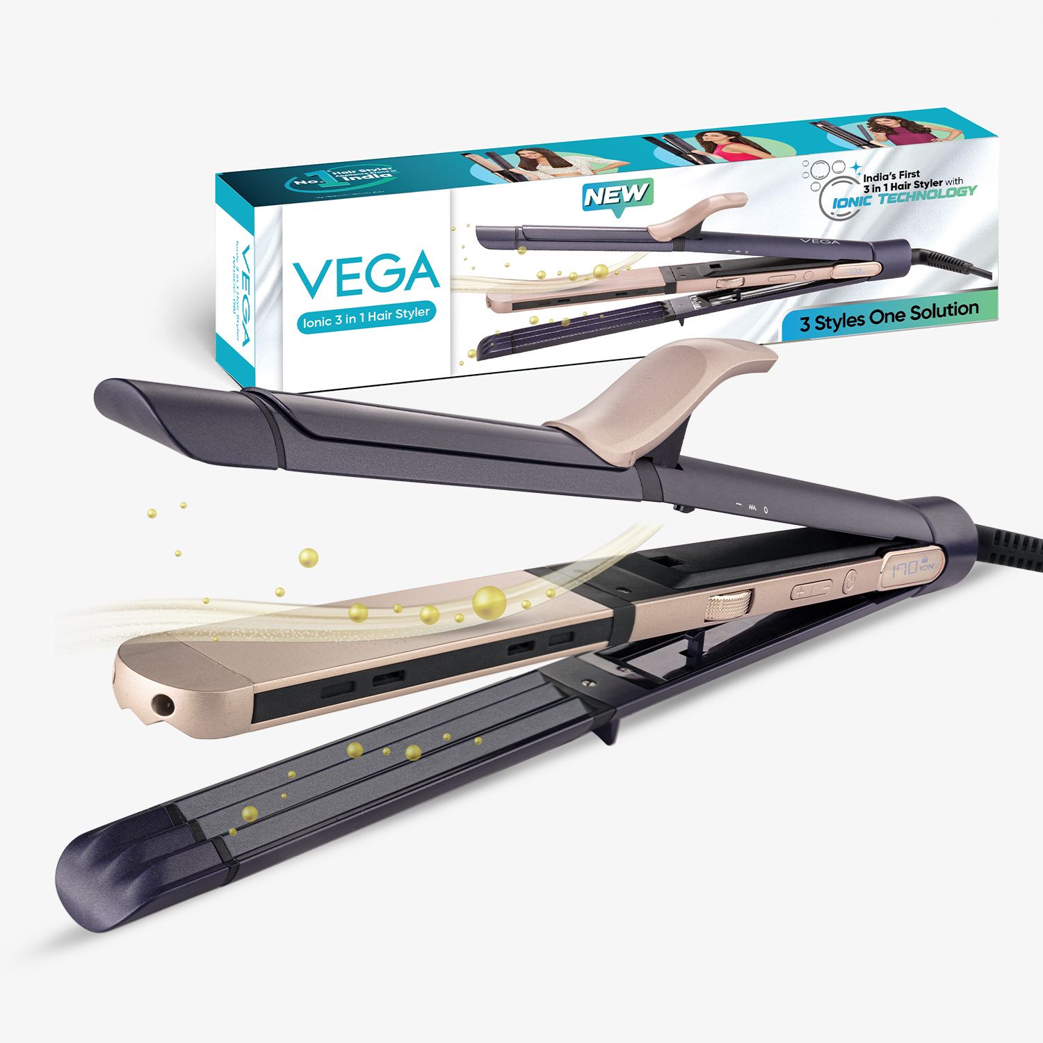 VEGA VHSCC-08 Ionic 3 in 1 Hair Styler: Straightener, Curler & Crimper Electric Hair Styler