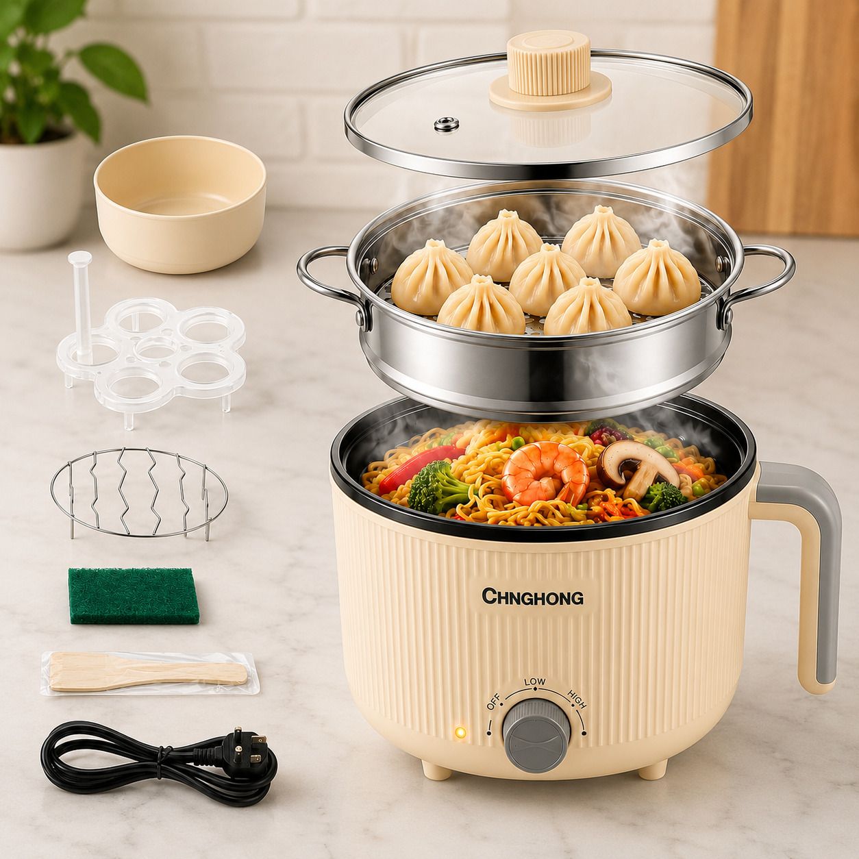 Multipurpose Electric Cooking 1.5 L Pot with Steamer Basket & Glass Lid Air Fryer, Deep Fryer, Egg Boiler, Food Steamer, Rice Cooker, Travel Cooker-image-45