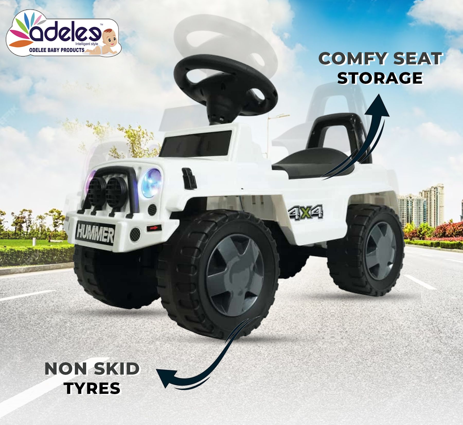 odelee Hummer Manual Push Car With Front Light Music And Back Rest Car Non Battery Operated Ride On-picture-23