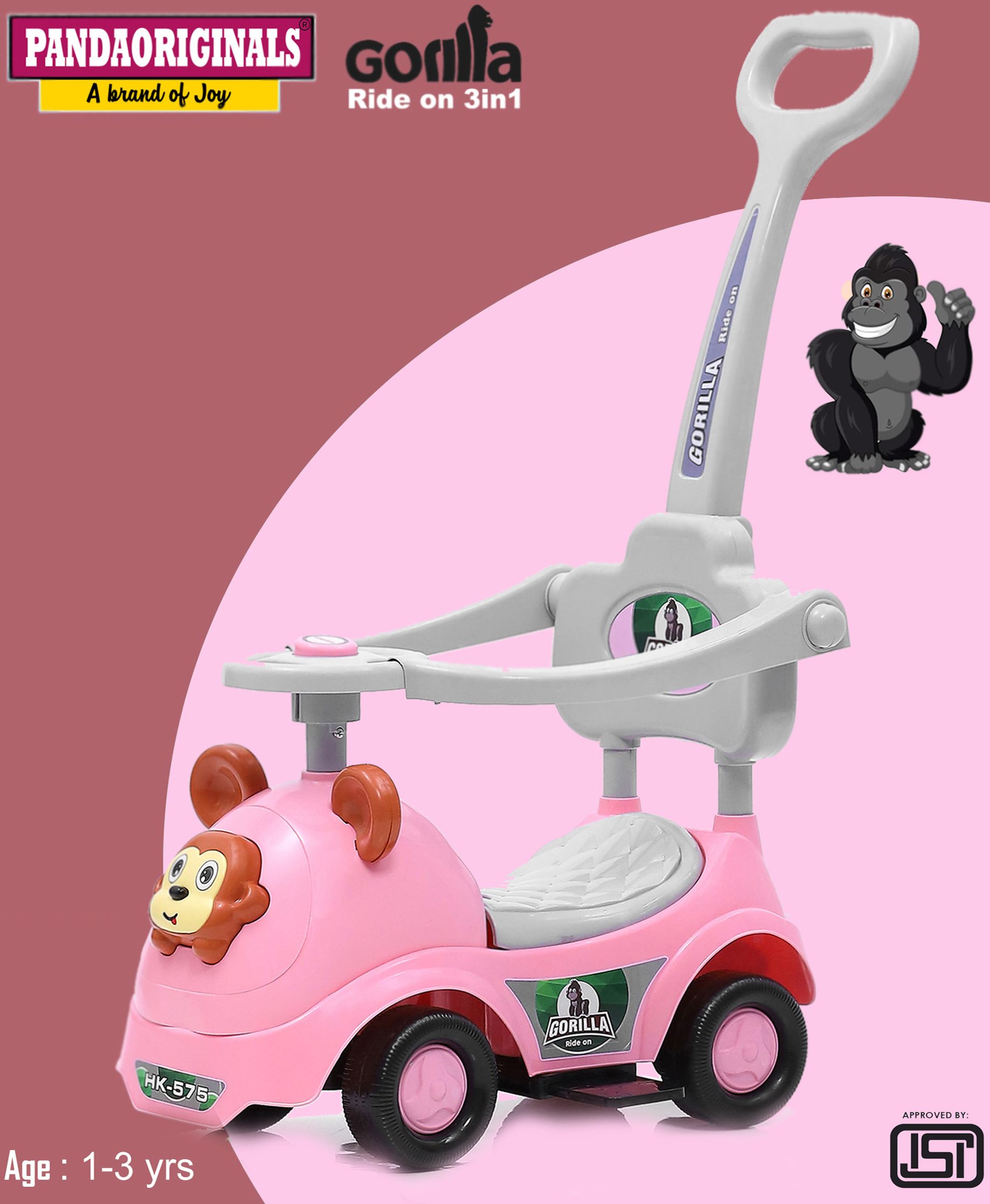 Gorilla Rider, Backrest, Safety Railing, Musical, Age 1-3 yrs (25KG Capacity) Car Non Battery Operated Ride On-image-11