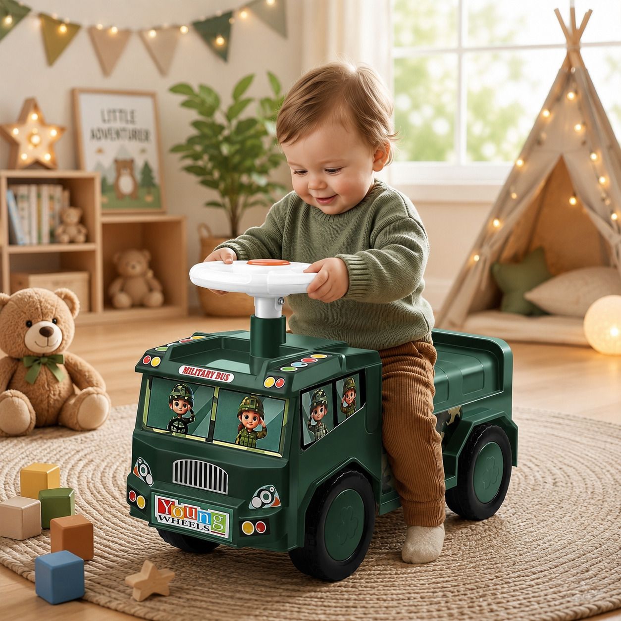 Military Bus Ride On Push Car with Steering Wheel Rideons & Wagons Battery Operated Ride On-image-4
