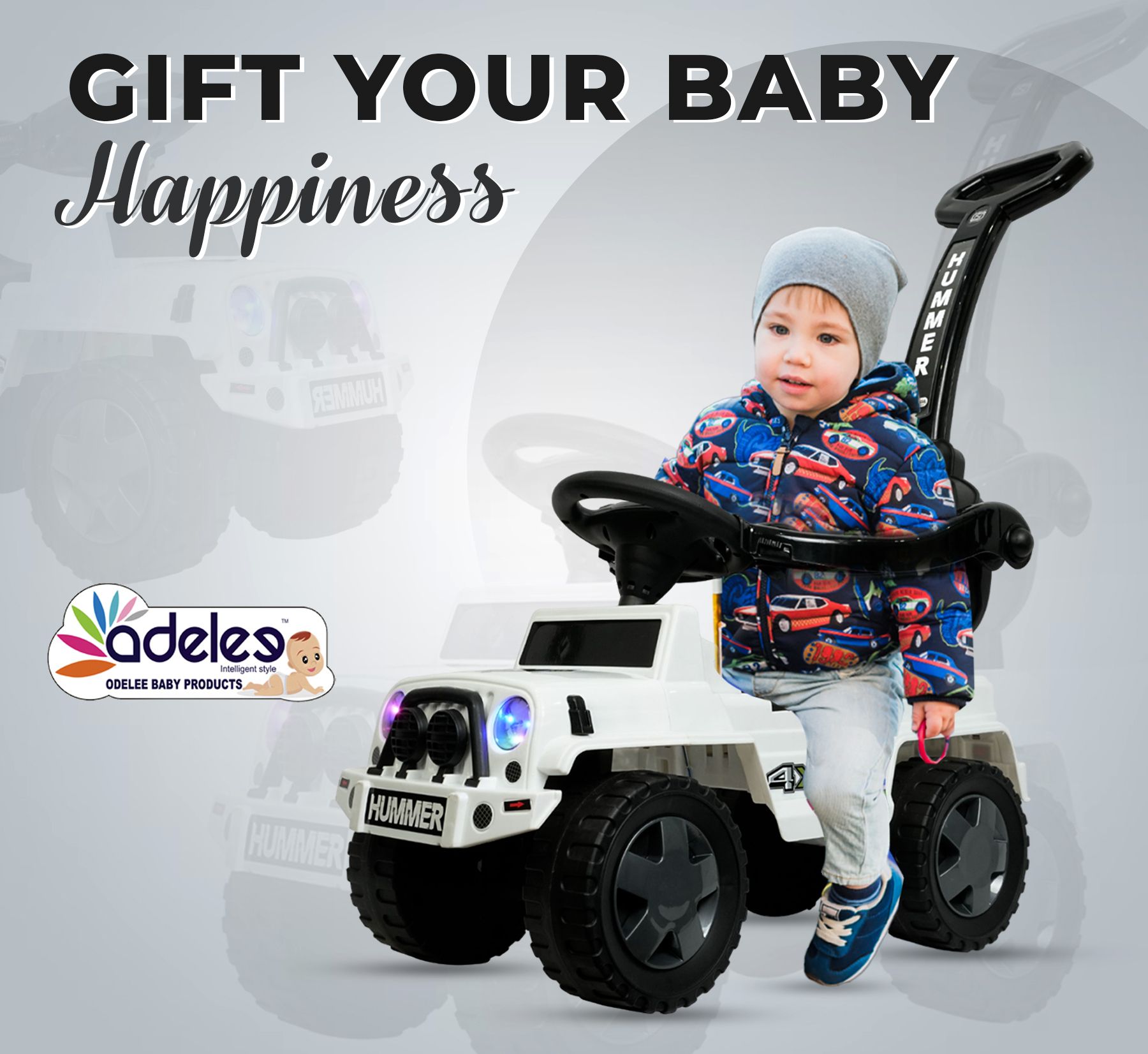 odelee Parental Push handle Kids Ride On Hummer Plus Car With Music & Lights Car Non Battery Operated Ride On-picture-4