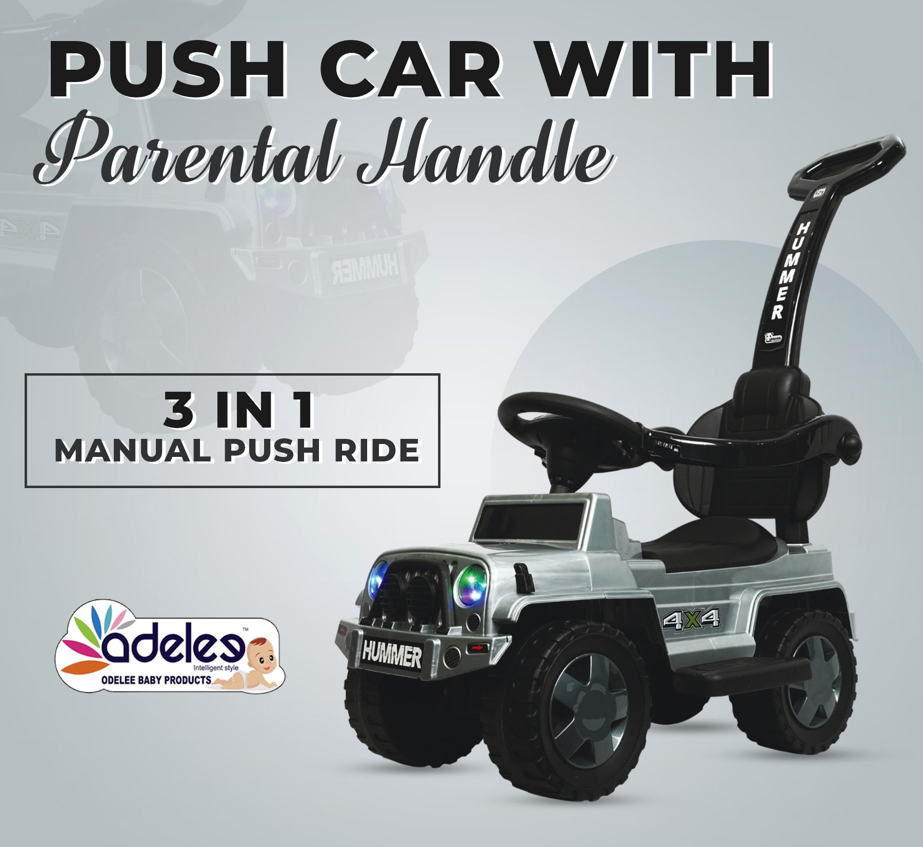 odelee Parental Push handle Kids Ride On Hummer Plus Car With Music & Lights Car Non Battery Operated Ride On-picture-5