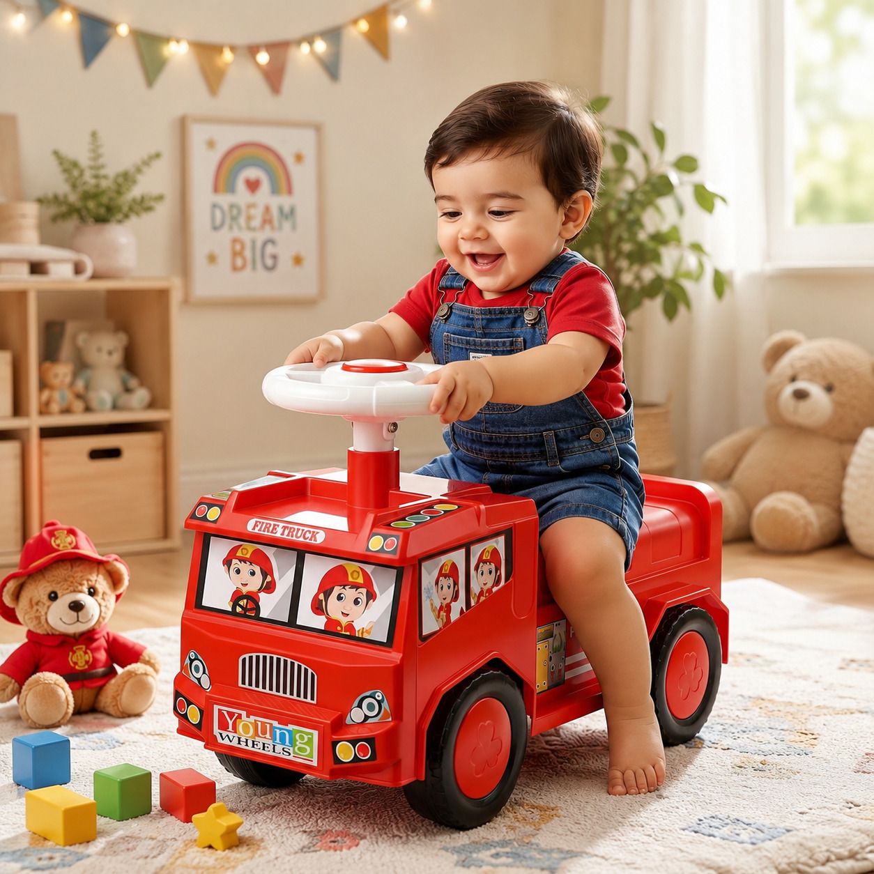 Kids Fire Truck Ride On Push Car with Steering Wheel Rideons & Wagons Battery Operated Ride On-image-6