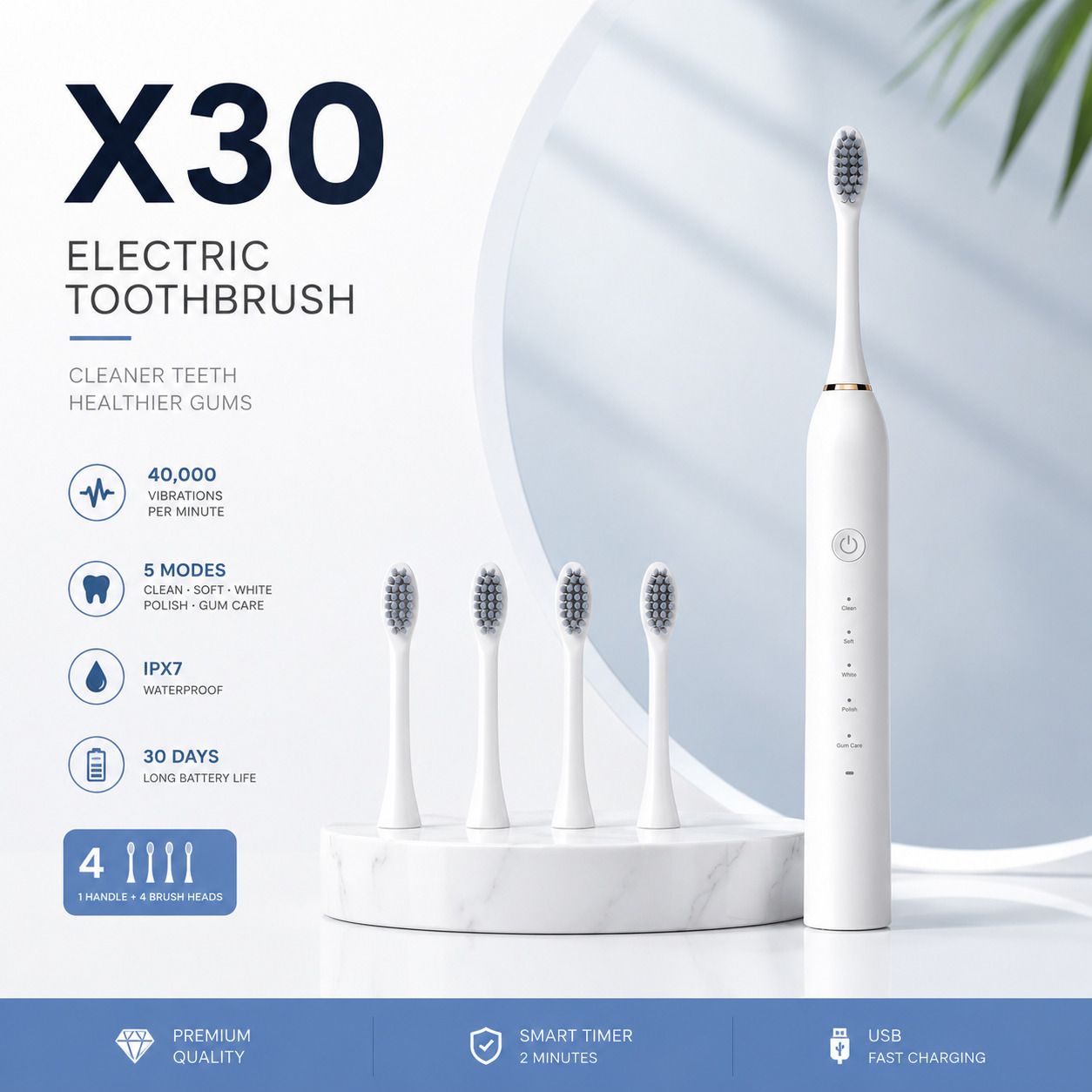 MVC ENTERPRISE X30 Rechargeable Electric Toothbrush with 3 Brush Heads & USB Charging Electric Toothbrush-image-24