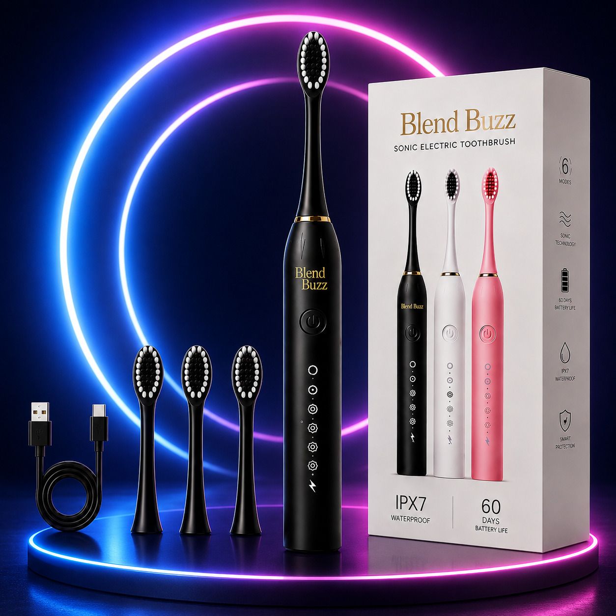 Blend Buzz Electric Rechargeable Sonic Electric Toothbrush with 4 Brush Heads Included Electric Toothbrush-image-31