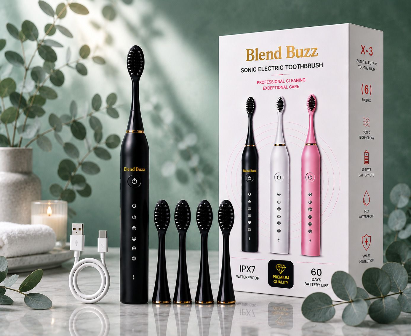 Blend Buzz IPX7 Waterproof Electric Toothbrush Sonic Power Whitening Clean Brush Electric Toothbrush-image-32