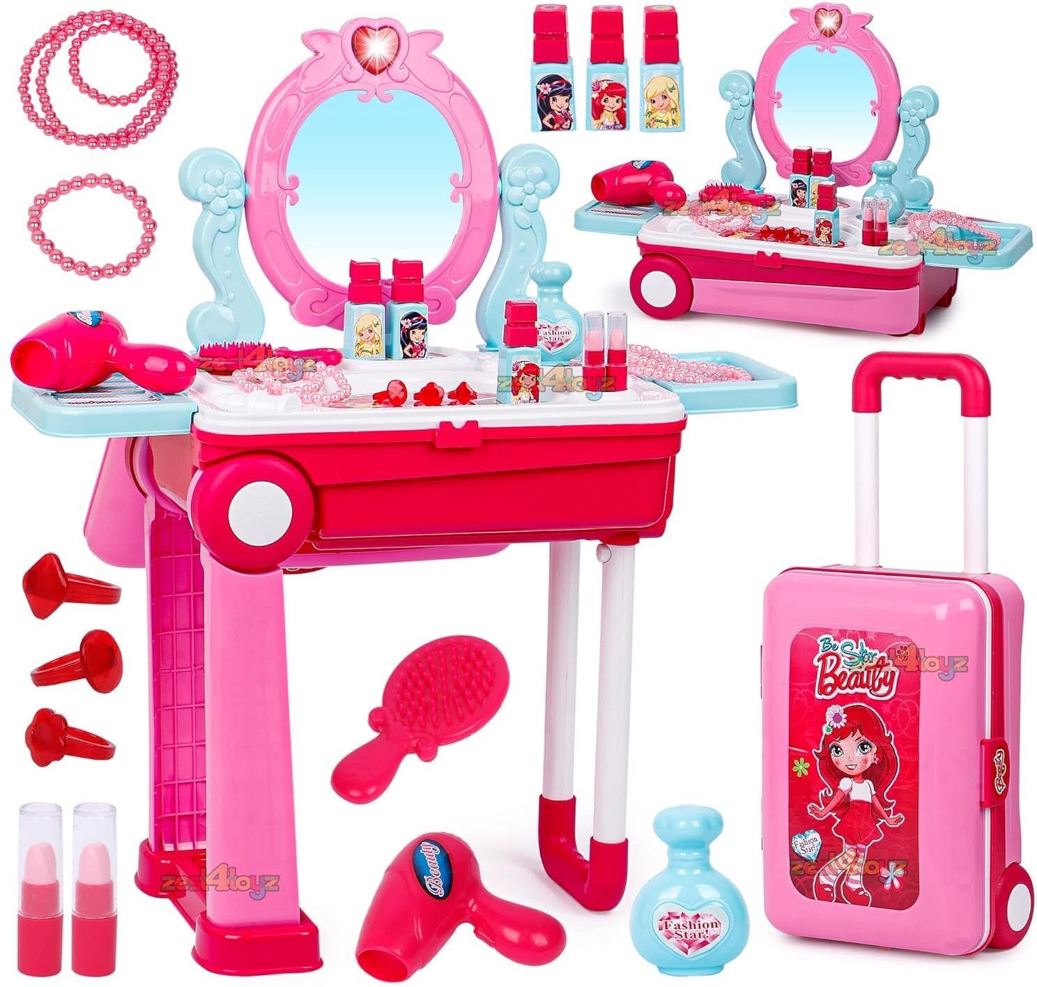 Makeup Kit Set 4 Kids Girl 2 in 1 Vanity Table Portable Trolley Preted Play Set-image-1