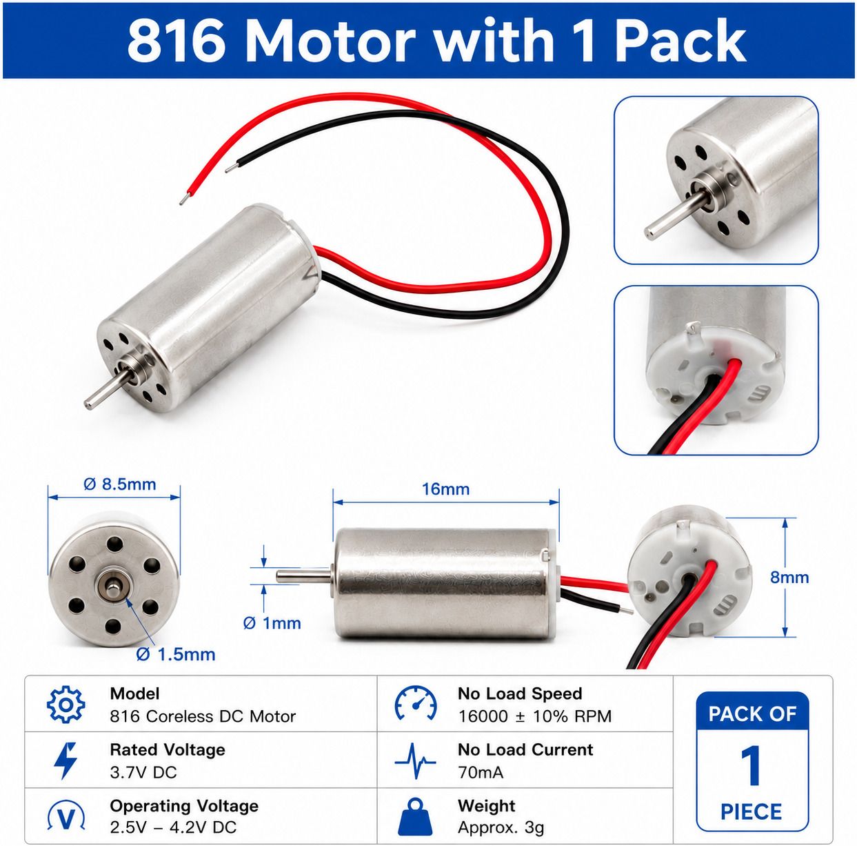 816 DC Coreless Motor | 3.7V High Speed Micro Motor (Pack 1) Electronic Components Electronic Hobby Kit-image-20