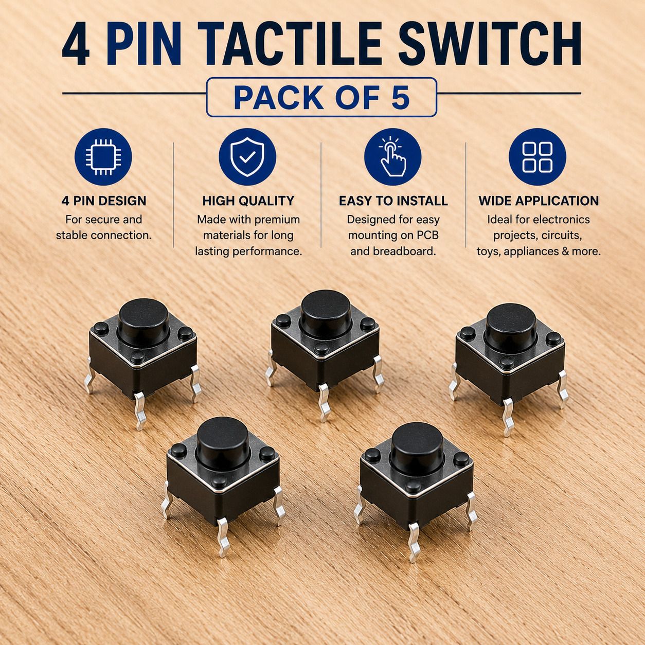 4 Pin Tactile Push Button Switch Momentary PCB Mount Tact DIY (Pack 5) Electronic Components Electronic Hobby Kit-image-8