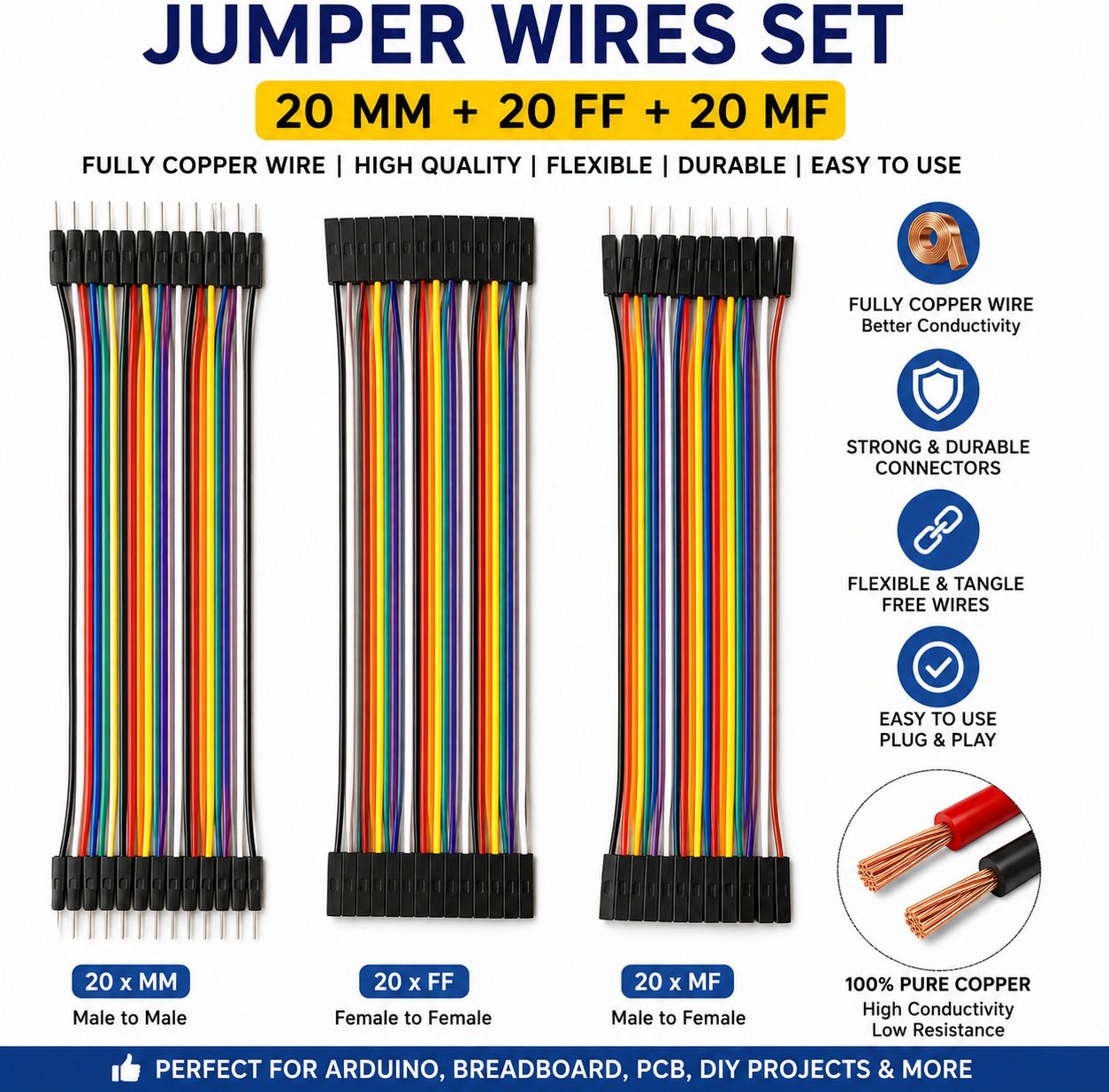 aarl JUMPER WIRES(MM,MF,FF - 20 EACH, TOTAL - 60) Electronic Components Electronic Hobby Kit-picture-46