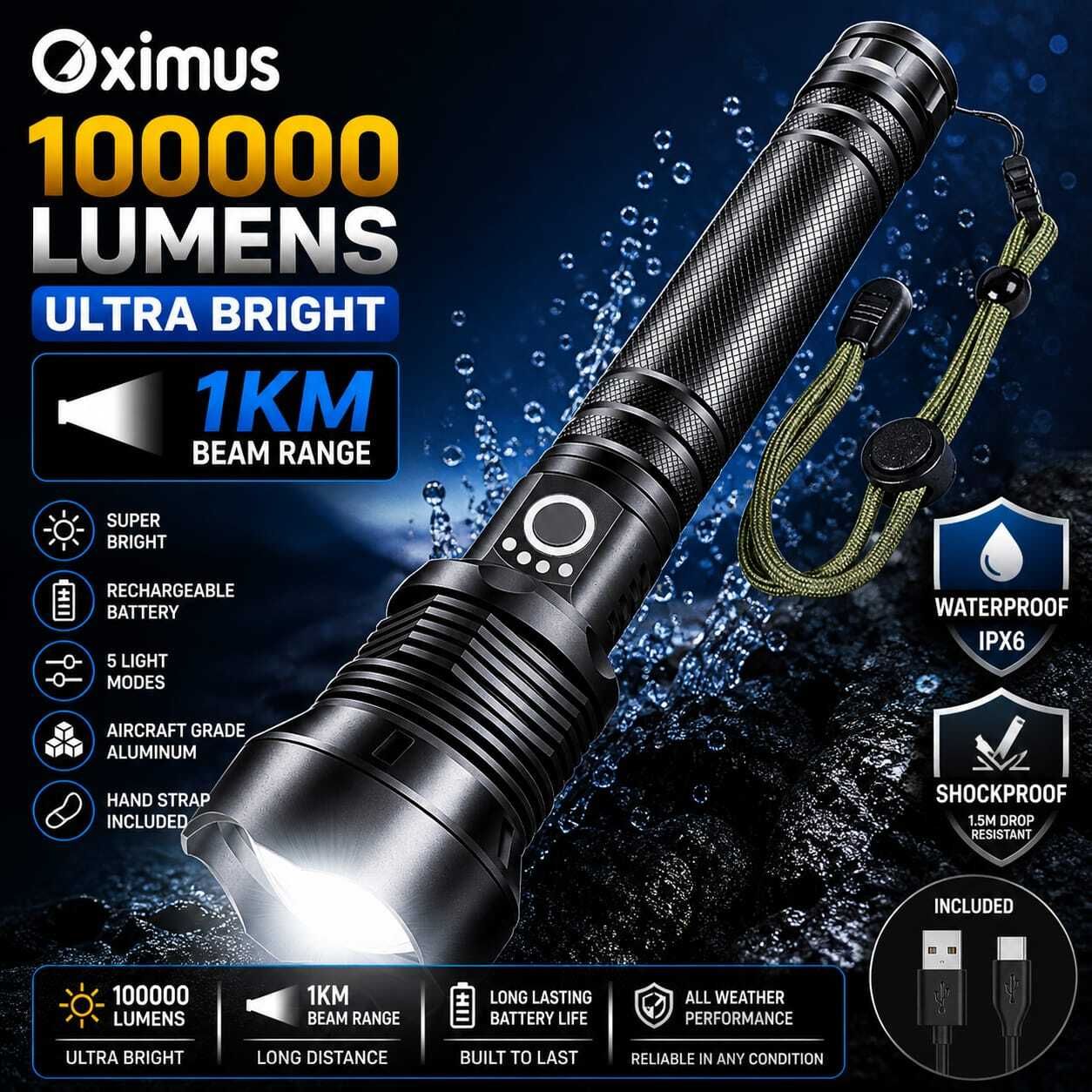 Multi-Functional Waterproof LED Flashlight 5 Modes Medium / Low/ Sos Durable 12 hrs Torch Emergency Light-image-11