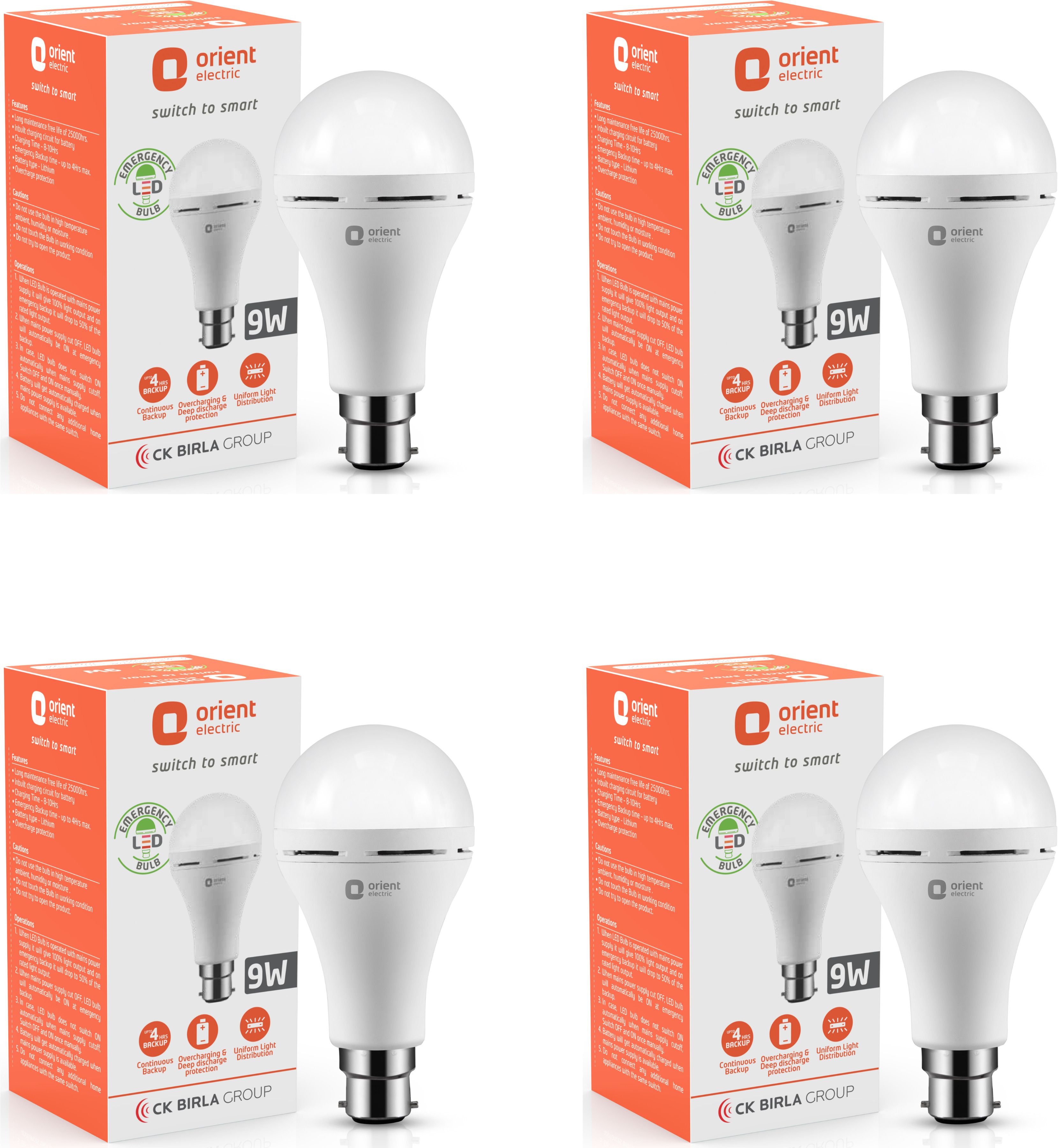 Emergency Bulb 9W, Pack of 4 4 hrs Bulb Emergency Light