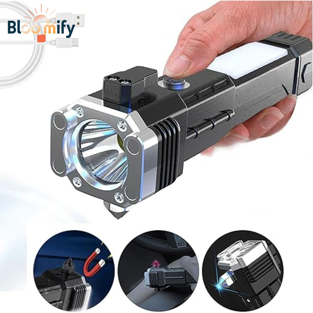 bloomify BMT-H66 Rechargeable LED Flashlight with Window Breaker & Seatbelt Cutter 5 hrs Torch Emergency Light image 1