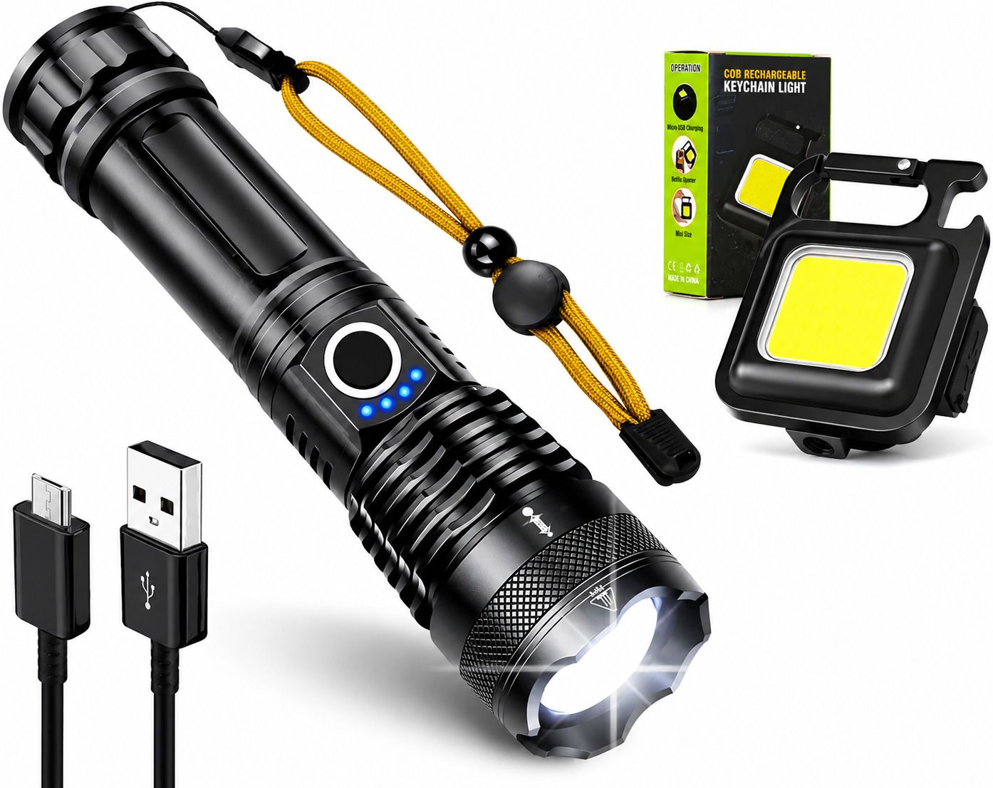 High Power 100W USB Rechargeable Flashlight + COB Rechargeable Keychain Combo 10 hrs Torch Emergency Light-image-1