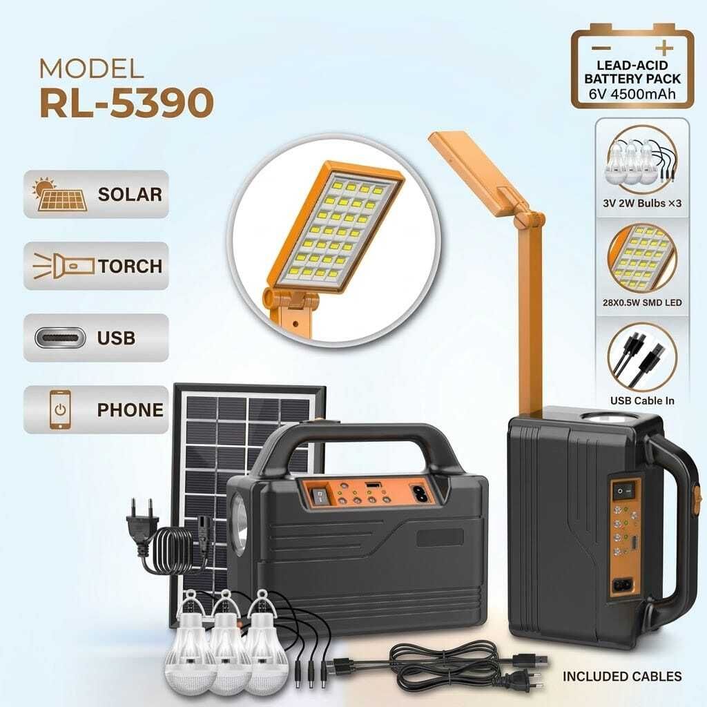 RL-5390 Solar Power Backup Light System with Solar Panel, 3 Bulbs & USB Charging 6 hrs Flood Lamp Emergency Light-image-1