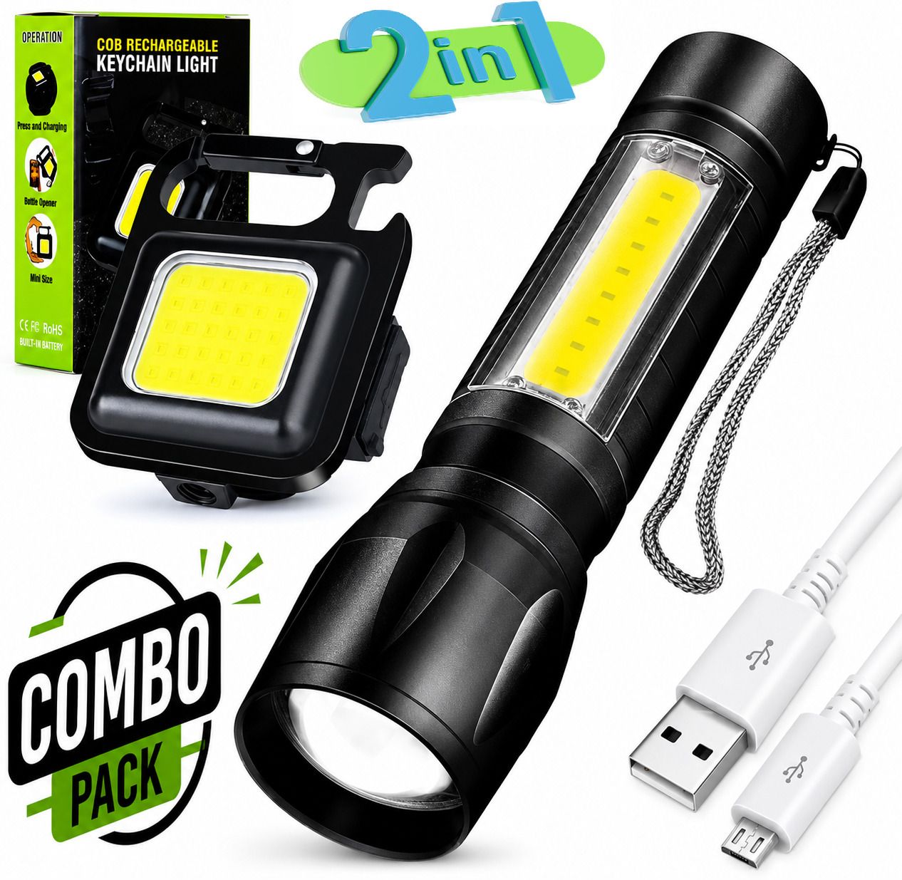 2-in-1 Emergency Light Combo Pack Rechargeable Keychain Lamp + LED Flashlight Torch-image-47