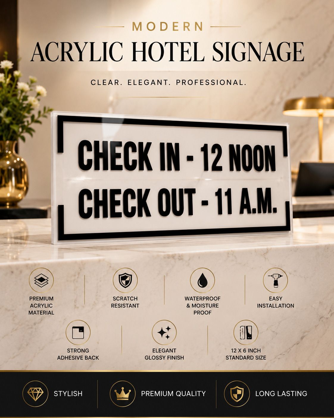 gayatriledboard Acrylic Hotel Check In & Check Out Sign Board | 12 x 6 Inch Embossed Design Emergency Sign-picture-13