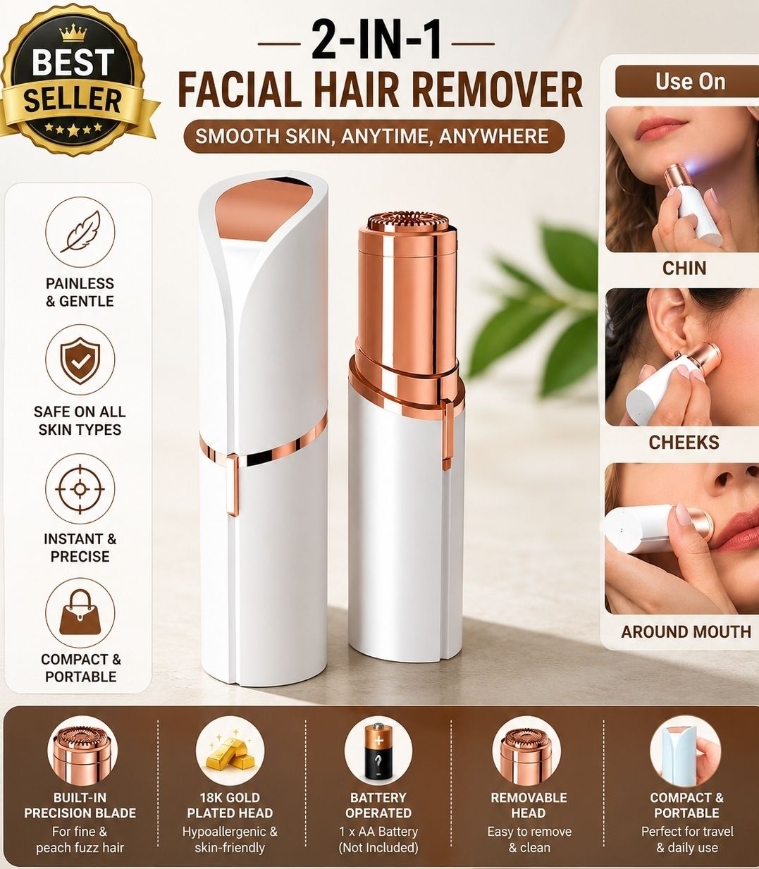 Parthstylemart Mini Face Hair Remover for Women | Safe & Gentle Hair Removal for Chin, Cheeks & Upper Lip | Battery Operated Cordless Epilator-image-43