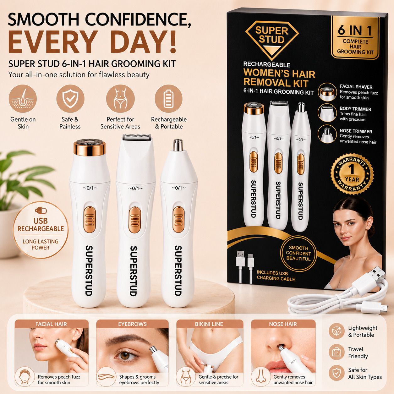 SUPERSTUD Trimmer for Woman Facial Hair Remover | Face, Nose, Arms, Legs & Body Trimmer Cordless Epilator-picture-23