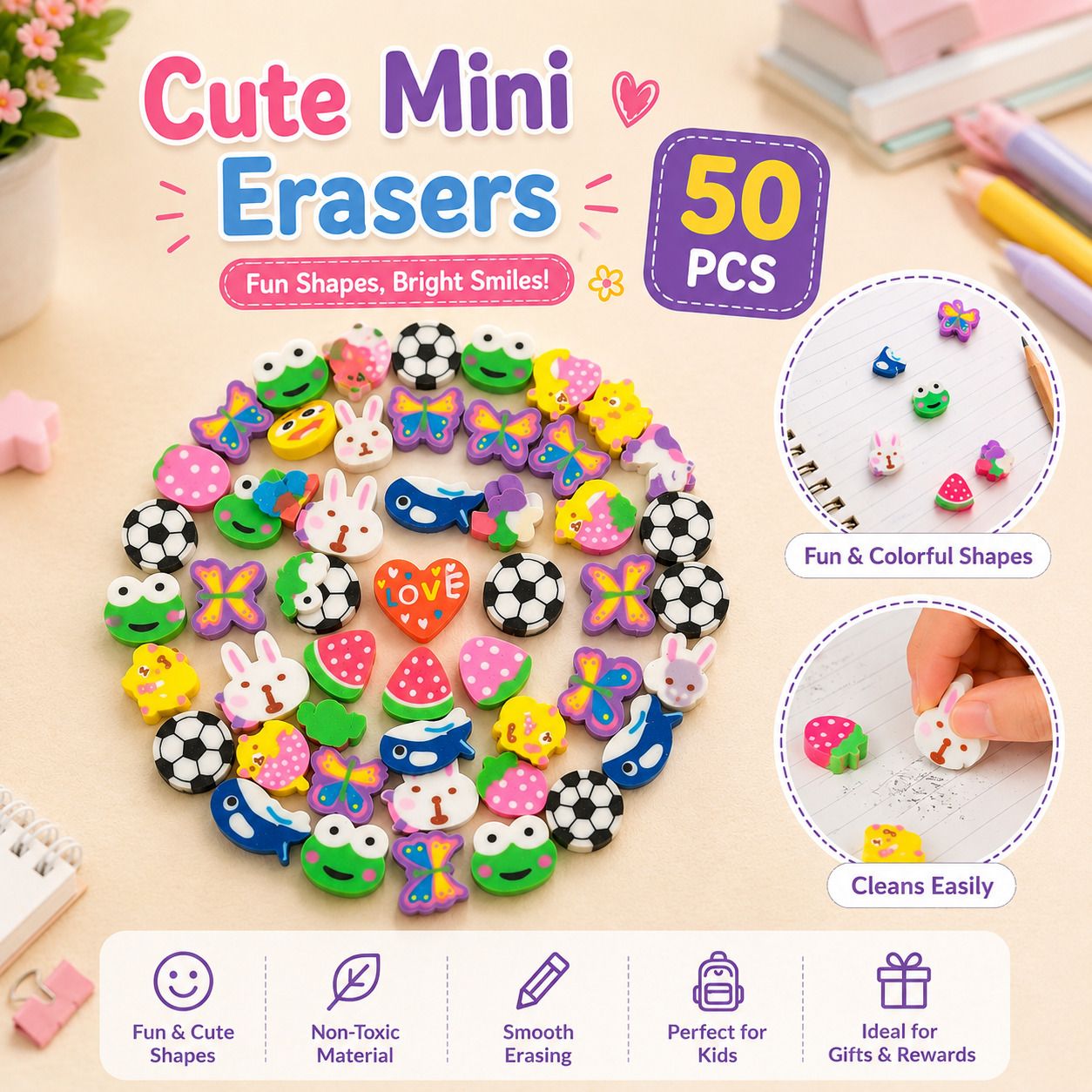 vritti 50Pcs Cute Mini Cartoon Erasers Set for Kids School Stationery Fun Shape Rubbers Eraser-picture-21