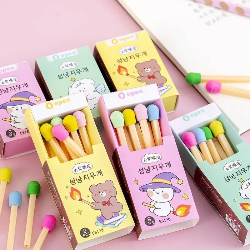 8 Pcs Fluorescent Non Dust Rubber Matchstick Style Erasers for Kids Non-Toxic Eraser-image-40
