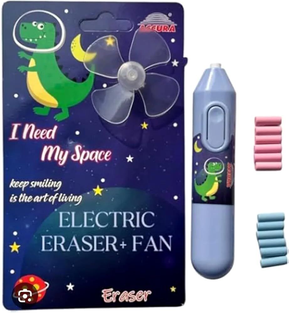 Cute Cartoon Print Electric Pencil Erasers with Fan and 12 Refills Set for Kids, Non-Toxic Eraser-image-44