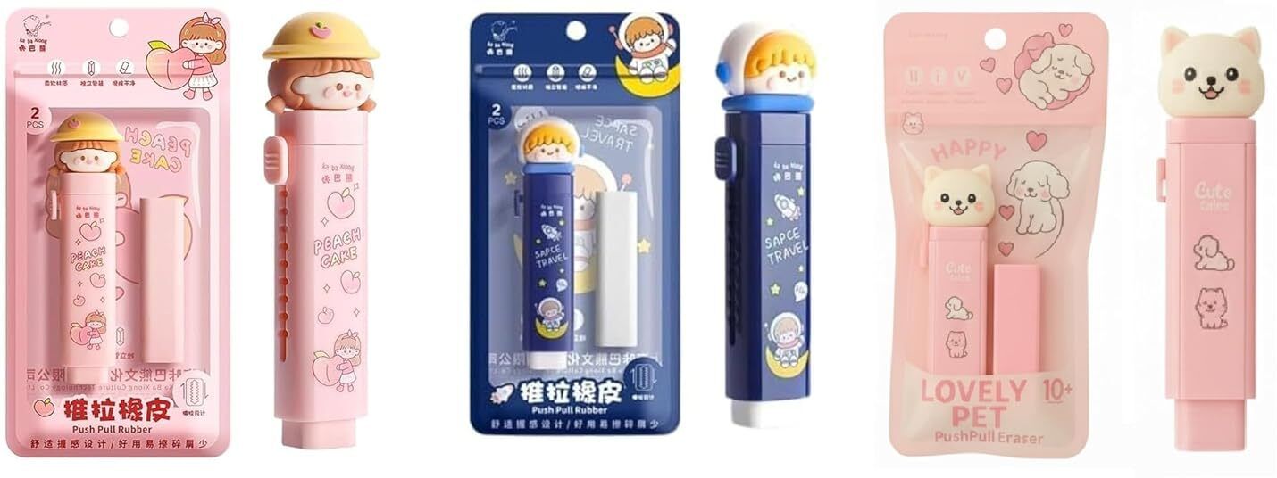 xelcis Set of Cute Cartoon Character Push Pull Eraser for Kids Gift Non-Toxic Eraser-picture-28