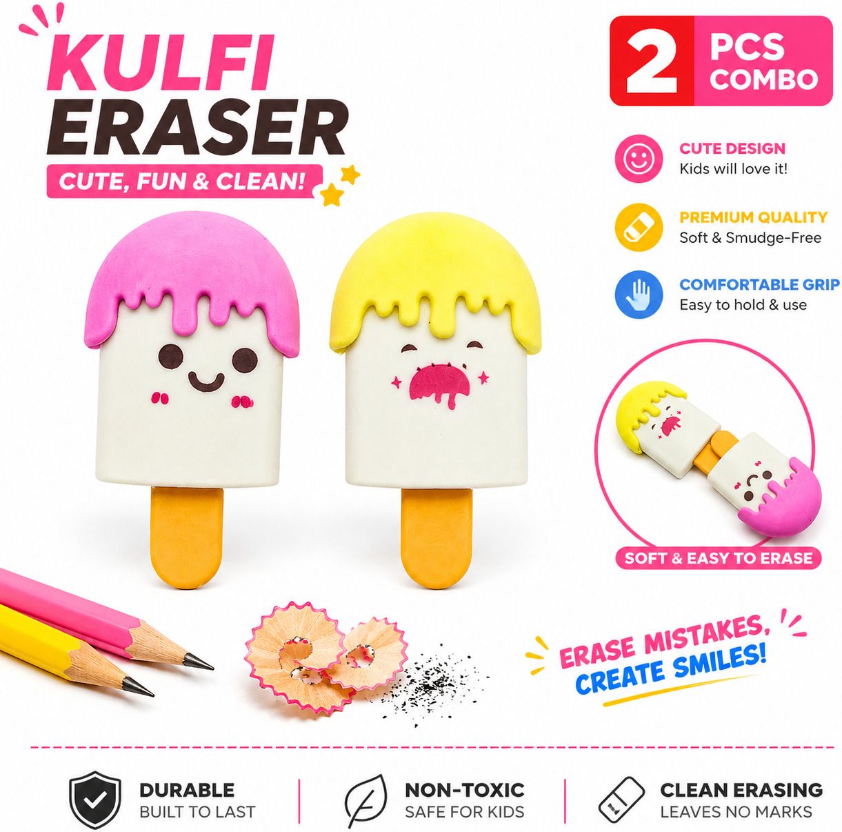 Kulfi Eraser 2 Pcs Combo for Kids | Cute Ice Cream Eraser Set Non-Toxic Eraser-image-40