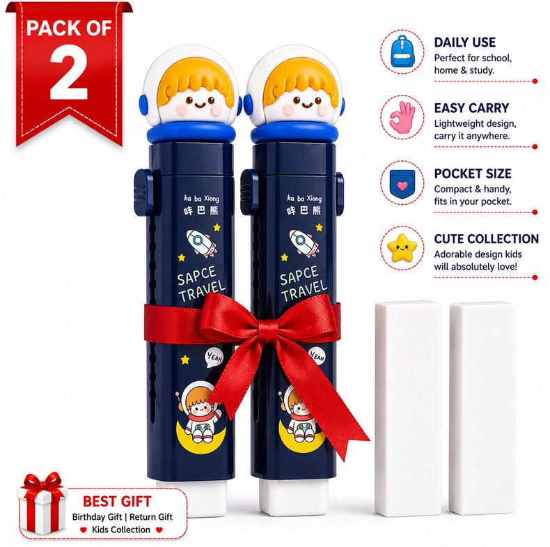 Cute Pack of 2 Refillable Astronaut Erasers with Smooth Push Slider Design Non-Toxic Eraser-image-36