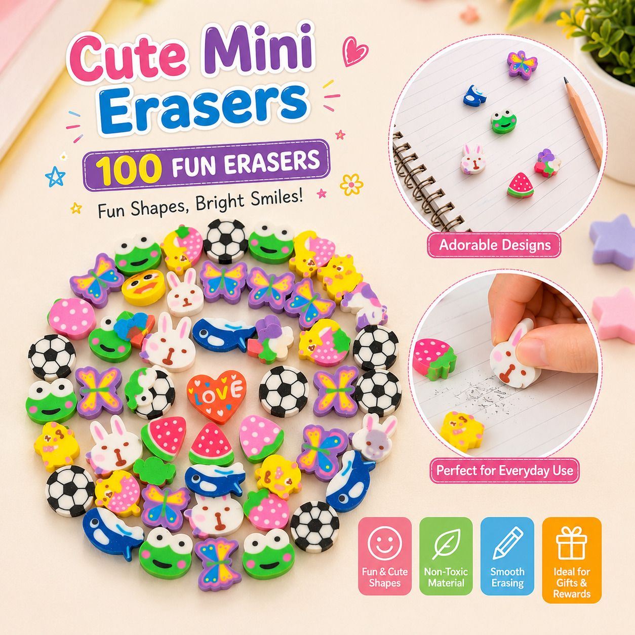 100 Pc Cute Mini Cartoon Erasers Set for Kids School Stationery Fun Shape Rubber Eraser-image-24