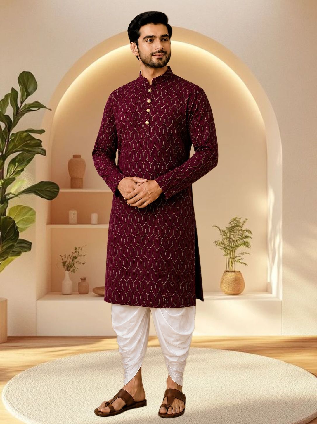 Men Cotton Rayon Kurta Dhoti Set-image-1