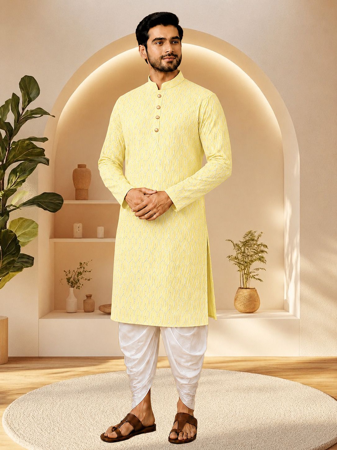 Men Cotton Rayon Kurta Dhoti Set-image-13
