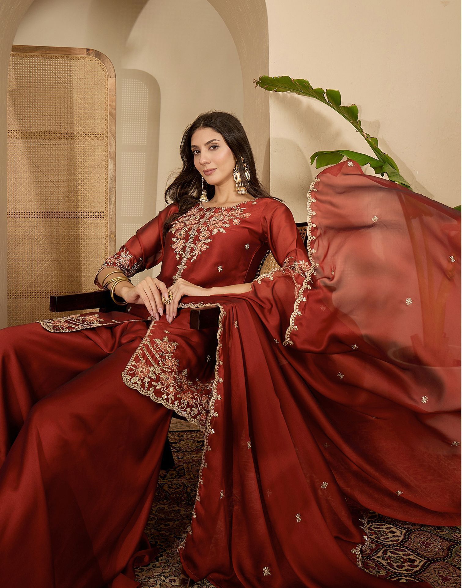 Women Silk Blend Kurta Sharara Dupatta Set