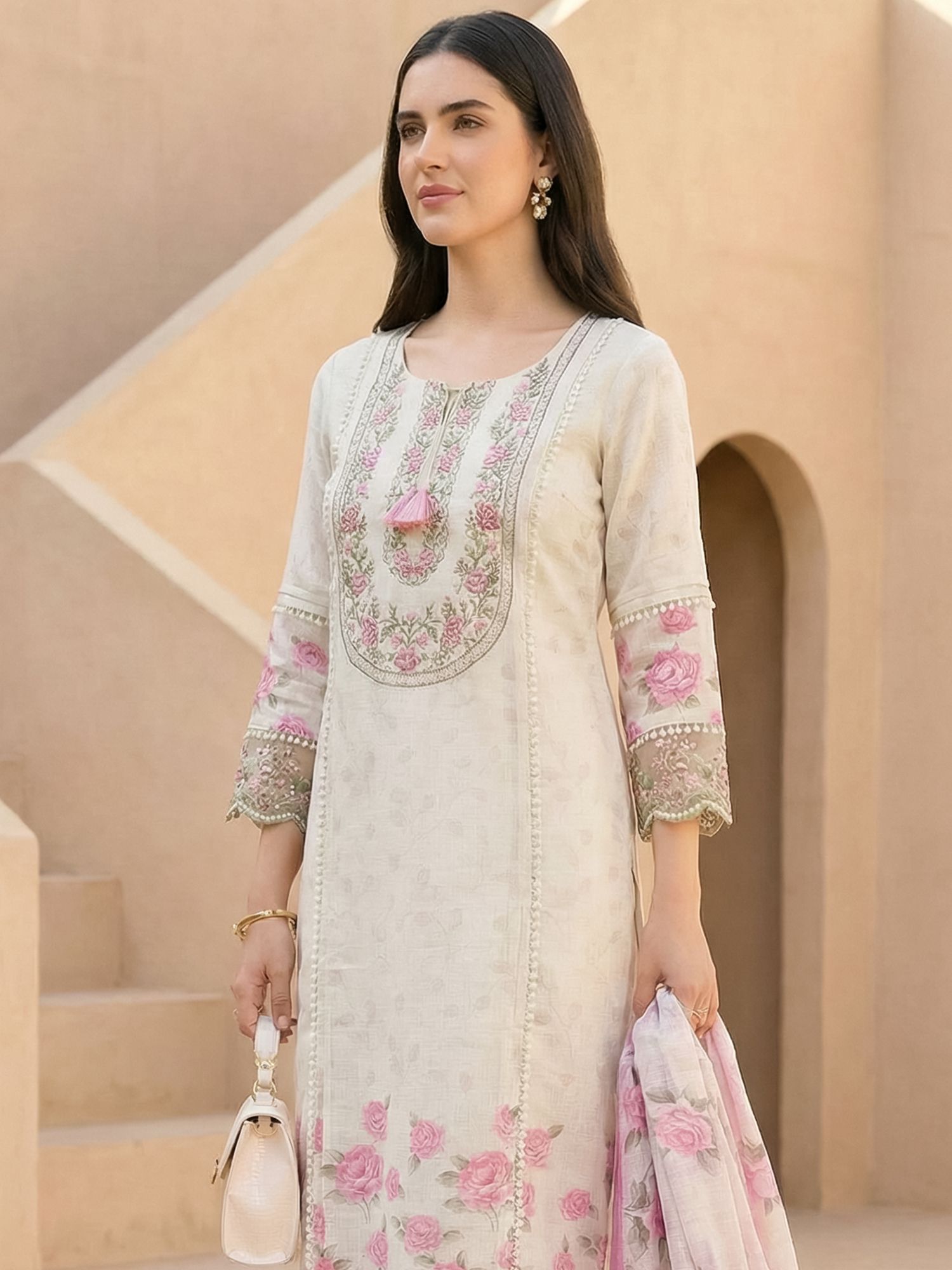 indo era Women Linen Kurta Pant Dupatta Set-picture-12
