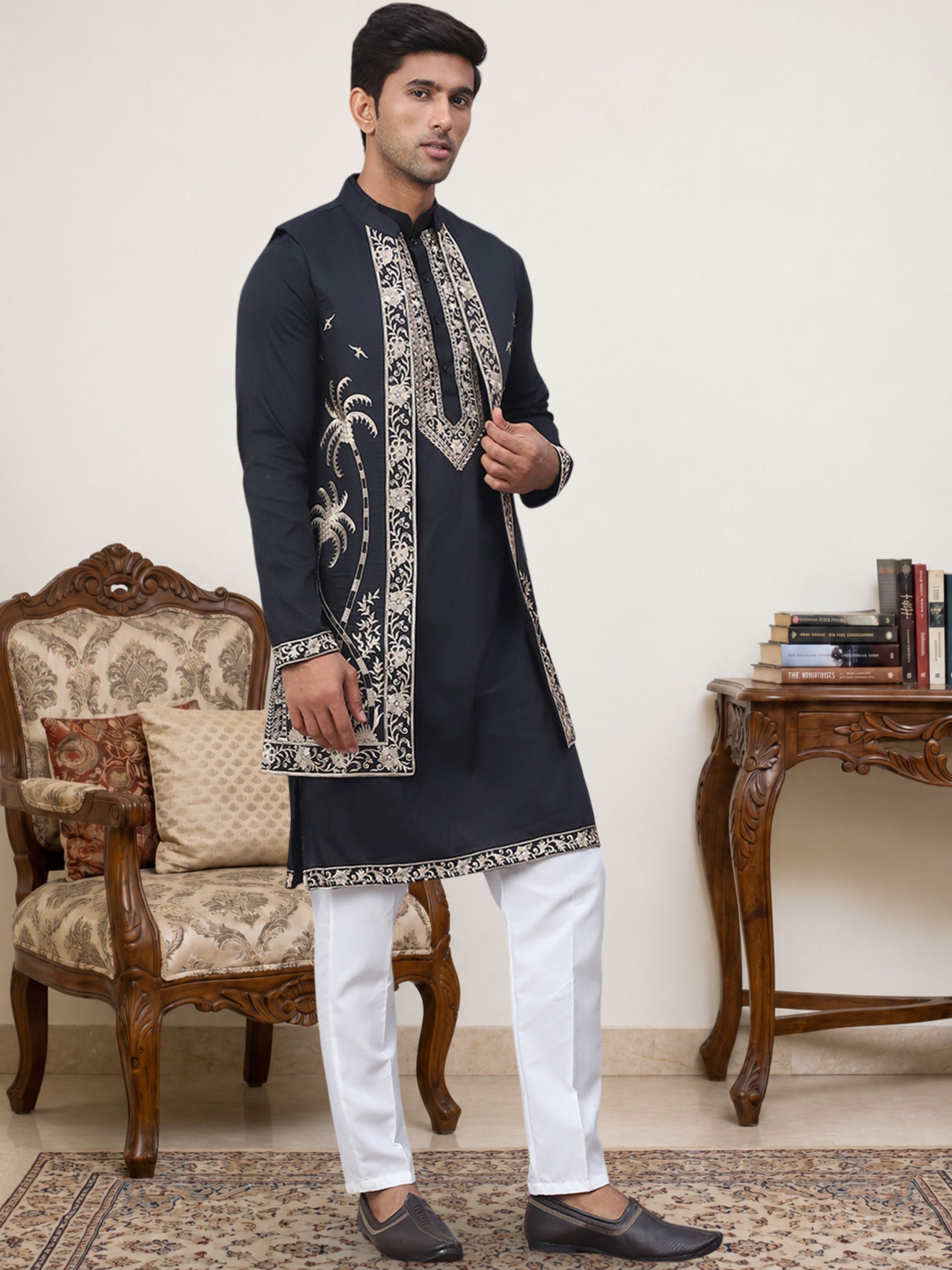 jompers Men Cotton Blend Kurta Pyjama Ethnic Jacket Set-picture-45