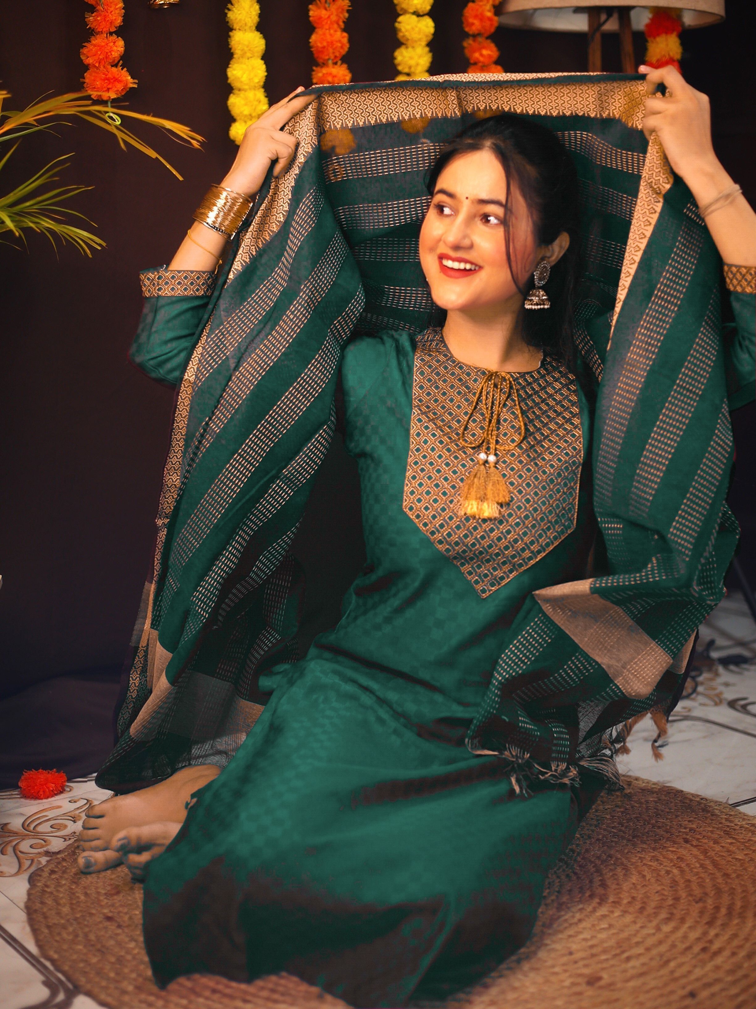 tibra attire Women Cotton Blend Kurti Pant Dupatta Set-picture-41