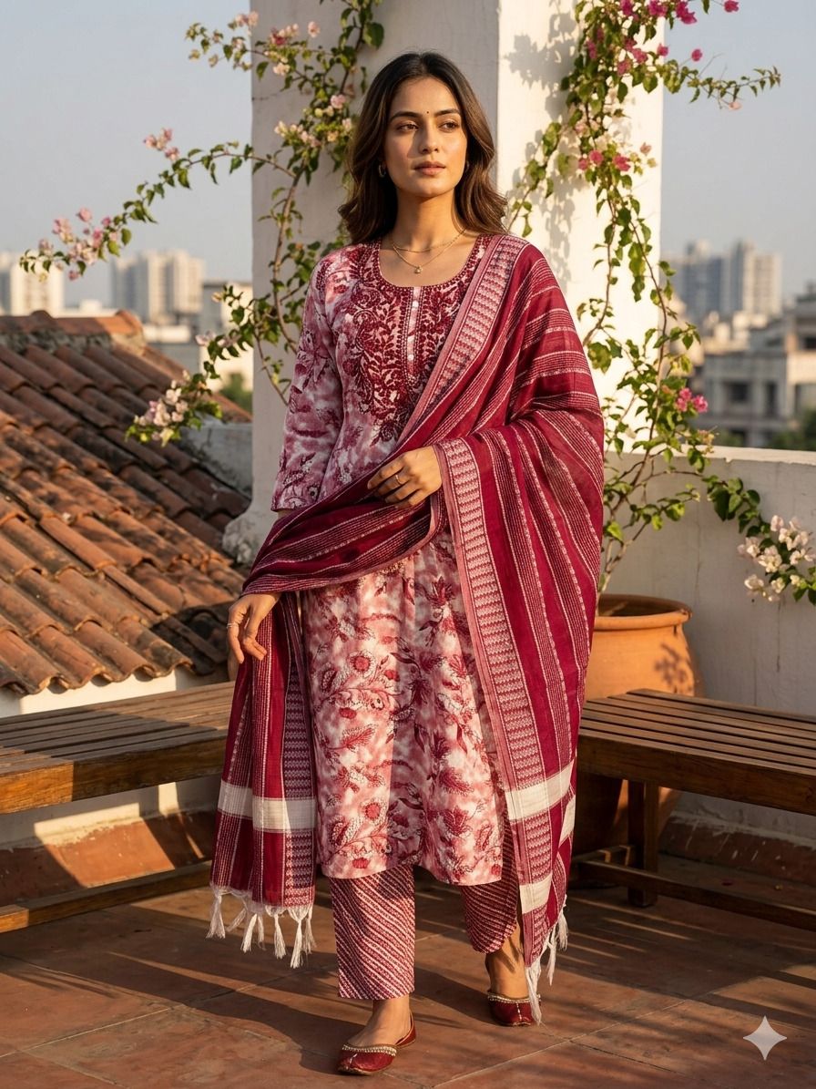 Women Cotton Blend Kurta Churidar Dupatta Set-image-26