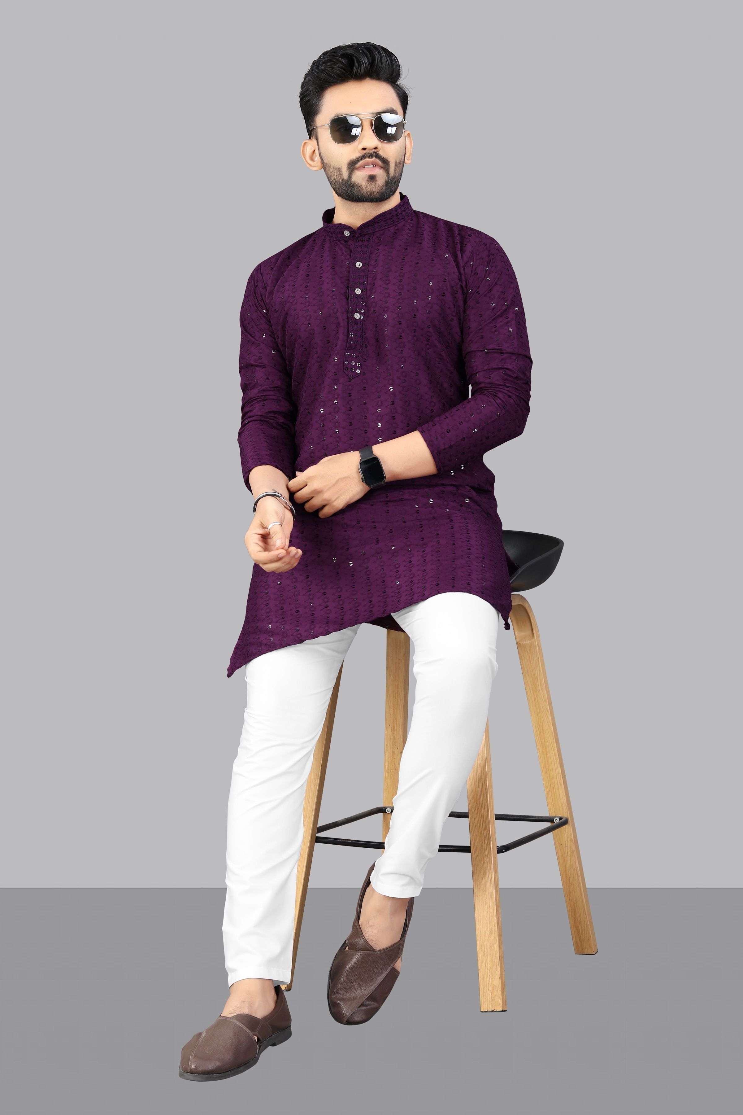 Embroidered Cotton Rayon A-line Kurta for Men-image-37